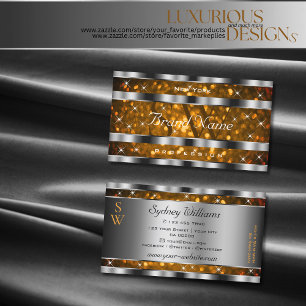 Orange Gold Glitter Sparkle Stars Monogram Silver Business Card