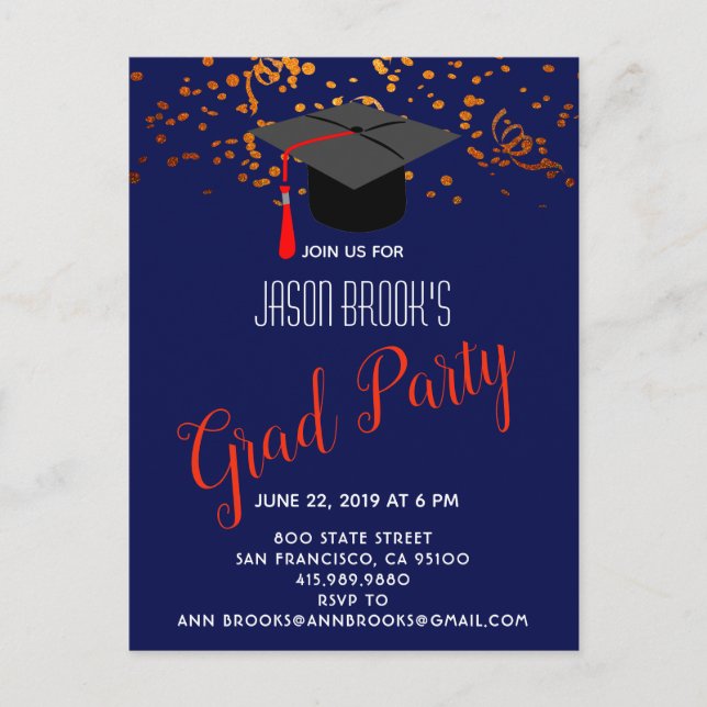 Orange Gold Grad Cap Confetti On Navy Blue Party Announcement Postcard (Front)