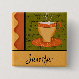 Orange Gold Green Coffee Cup Art Custom Name 15 Cm Square Badge