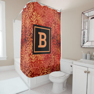 Orange gold leaves foliage pattern modern monogram shower curtain