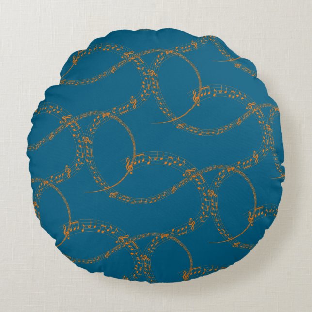 Orange Gold on Blue Music Note Pattern  Round Cushion (Front)