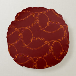Orange Gold on Red Music Note Pattern Neck Tie Round Cushion