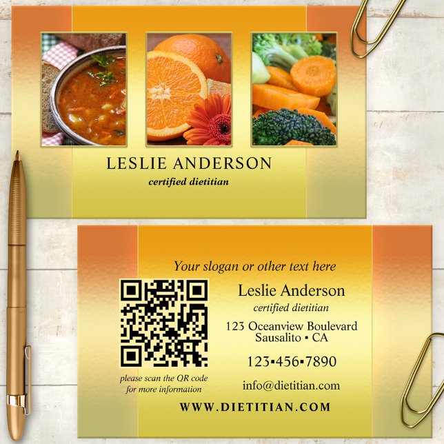 Orange Gold Photos Dietician Nutritionist QR Code Business Card (Portfolio photo business card showing an orange gold design - nice for a dietitian or nutritionist)