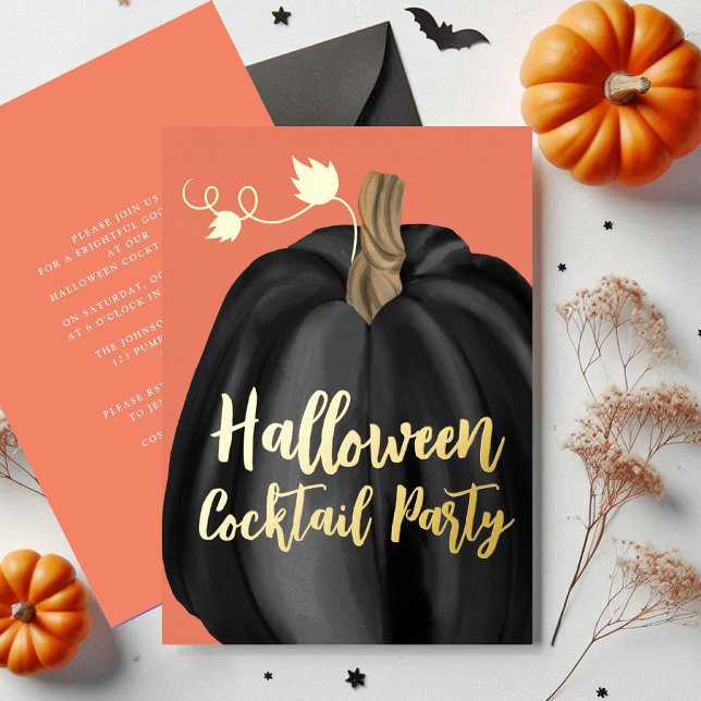 Orange Gold Pumpkin Halloween Cocktail Party  (Orange Gold Pumpkin Halloween Cocktail Party Foil Invitation)