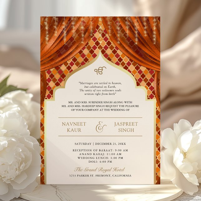 Orange Gold Quatrefoil QR Code Sikh Wedding Invitation (Creator Uploaded)
