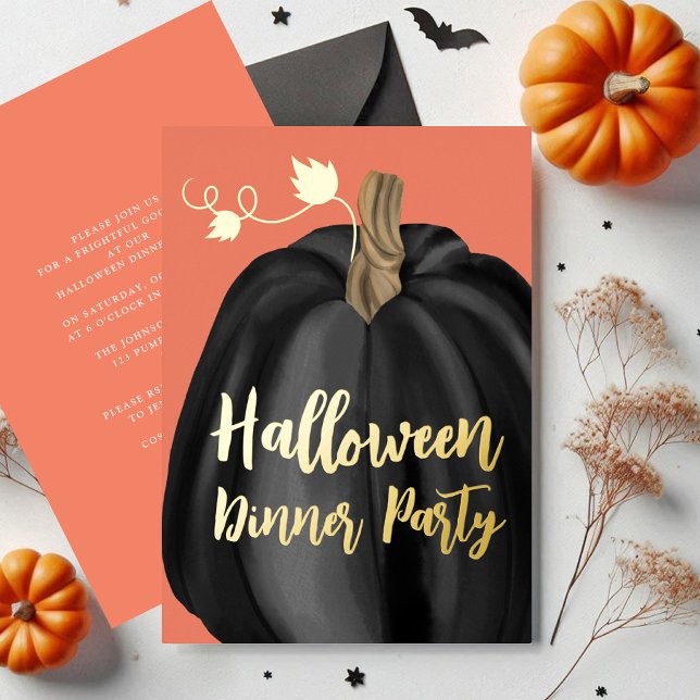 Orange Gold Script Pumpkin Halloween Dinner Party (Orange Gold Script Pumpkin Halloween Dinner Party Foil Invitation)