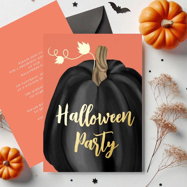 Orange Gold Script Pumpkin Halloween Party  (Orange Gold Script Pumpkin Halloween Party Foil Invitation)