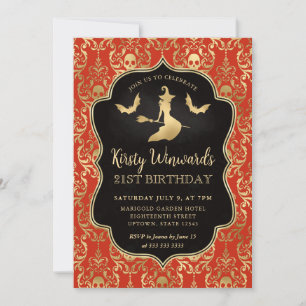 Orange Gold Witch and Skulls Damask 21st Birthday Invitation
