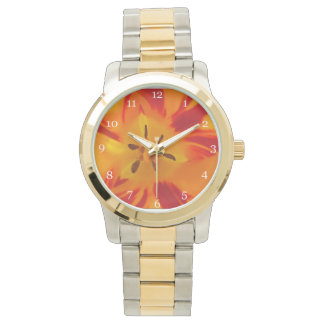 orange, golden tulip flower macro close up picture watch