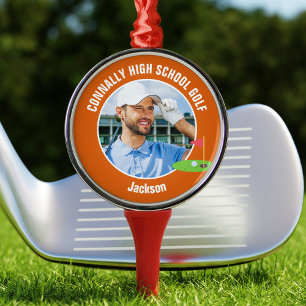 Orange Golfer Photo Custom Golf Team Christmas Metal Tree Decoration