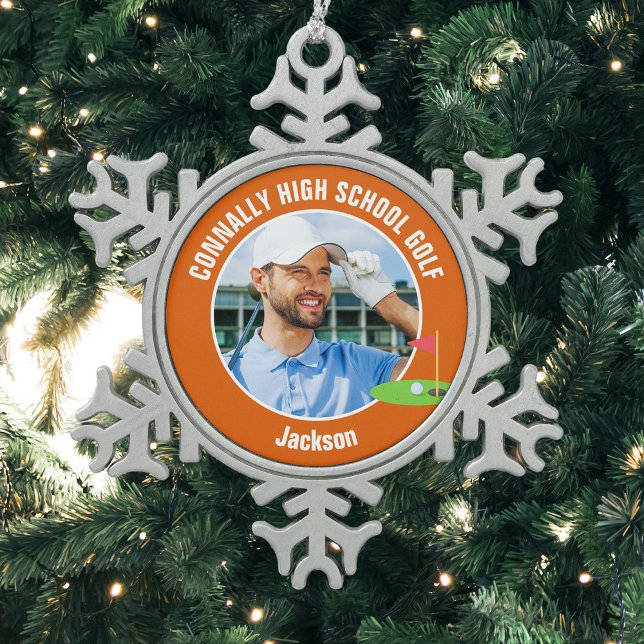Orange Golfer Photo High School Golf Team Snowflake Pewter Christmas Ornament (Creator Uploaded)