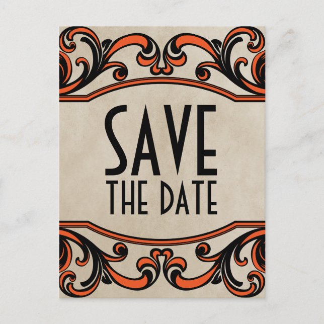 Orange Gothic Swirls Save the Date Postcard (Front)