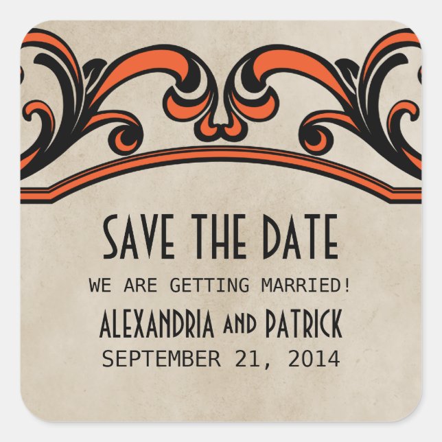 Orange Gothic Swirls Save the Date Stickers (Front)