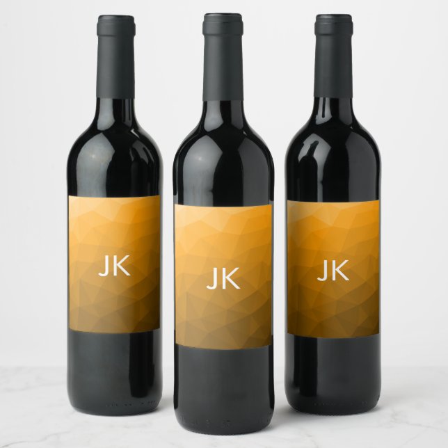 Orange gradient geometric mesh pattern Monogram Wine Label (Bottles)