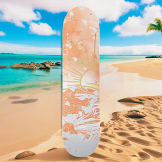 Orange Gradient Sunset Sun & Sea Sparkly Glitter Skateboard