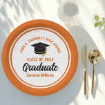 Orange Graduate Personalised 2025 Graduation Party Paper Plate<br><div class="desc">These modern orange and white custom graduation party plates feature classy typography of your university or college name for the class of 2025. Customise with your graduating year next to the chic handwritten script and black grad cap for great personalised congratulations graduate party decor.</div>