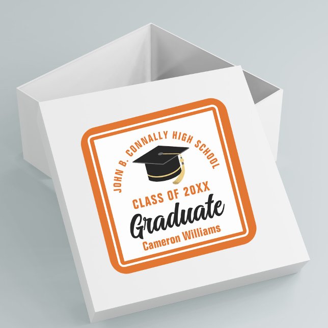 Orange Graduate Personalised Graduation Party Square Sticker (Creator Uploaded)