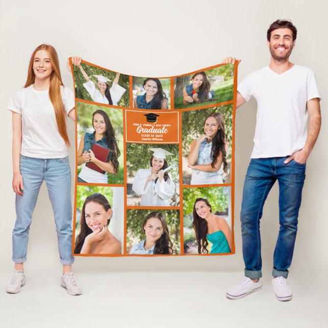 Orange Graduate Photo Collage Custom Graduation Fleece Blanket (In Situ)