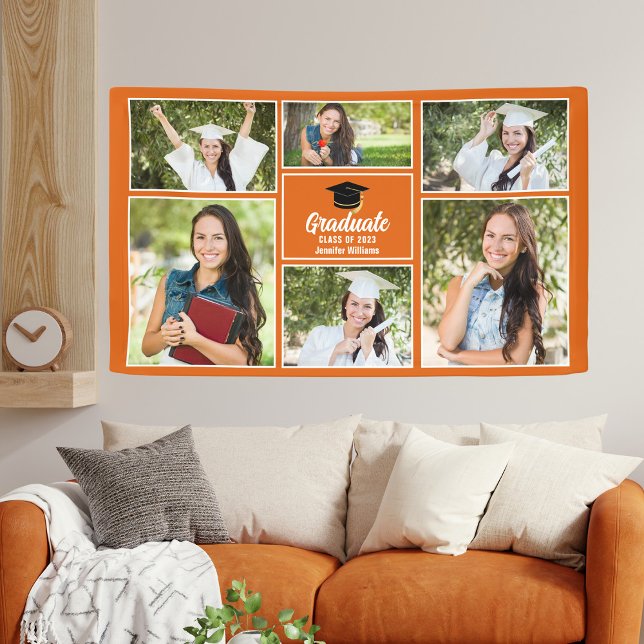 Orange Graduate Photo Collage Graduation Party Banner (Creator Uploaded)
