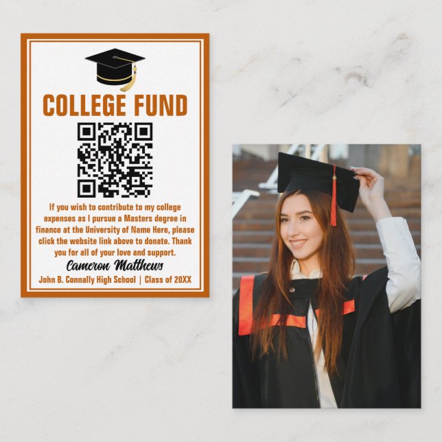 Orange Graduate Photo College Fund QR Code Enclosure Card (Front/Back)