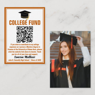 Orange Graduate Photo College Fund QR Code Enclosure Card