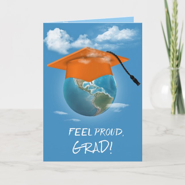 Orange Graduation Cap on Planet Earth Card (Front)
