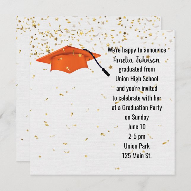 Orange Graduation Cap with Gold Confetti Invitation (Front/Back)