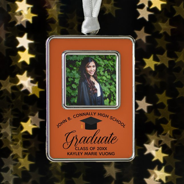 Orange Graduation Commemorative Graduate Photo Silver Plated Framed Ornament (Creator Uploaded)