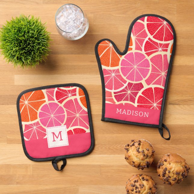 Orange & Grapefruit Citrus Fruit Pattern Oven Mitt & Pot Holder Set (Top Down)