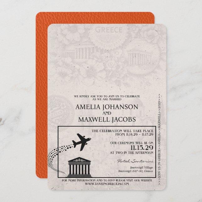 Orange Greece Passport Wedding Invitation (Front/Back)