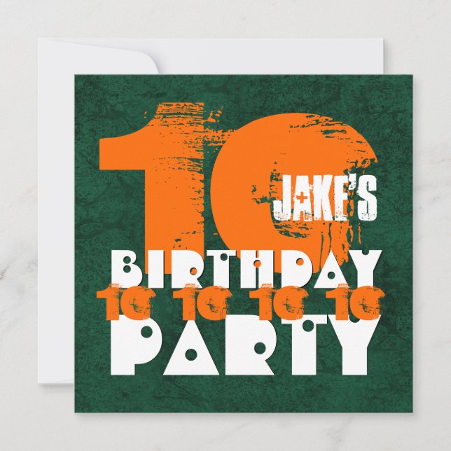 ORANGE GREEN 10th Birthday Party 10 Year Old V02C1 Invitation (Front)