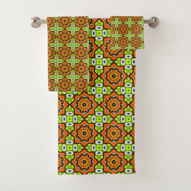Orange, green and blue patterned  bath towel set (Insitu)