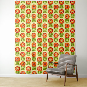 Orange, Green And Yellow Retro Flower Pattern Tapestry