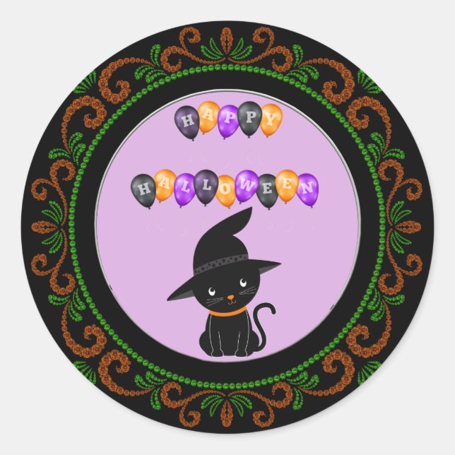 Orange Green Black Cat Happy Halloween Balloons Classic Round Sticker (Front)