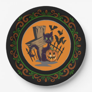 Orange Green Black Cat Tombstone Bats Halloween Paper Plate