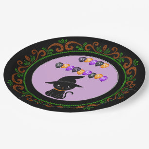 Orange Green Black Cat Witch Hat Happy Halloween Paper Plate