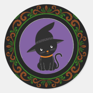 Orange Green Black Cat With A Witch Hat Halloween Classic Round Sticker