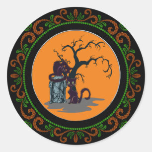 Orange Green Black Cats Tombstone Tree Halloween Classic Round Sticker