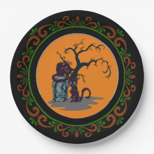 Orange Green Black Cats Tombstone Tree Halloween Paper Plate