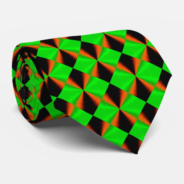 Orange Green Black Diamond Pattern Tie (Rolled)