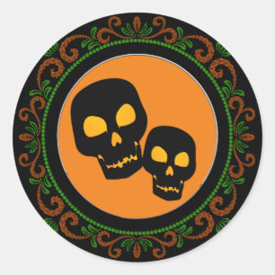 Orange Green Black Skulls Halloween Classic Round Sticker