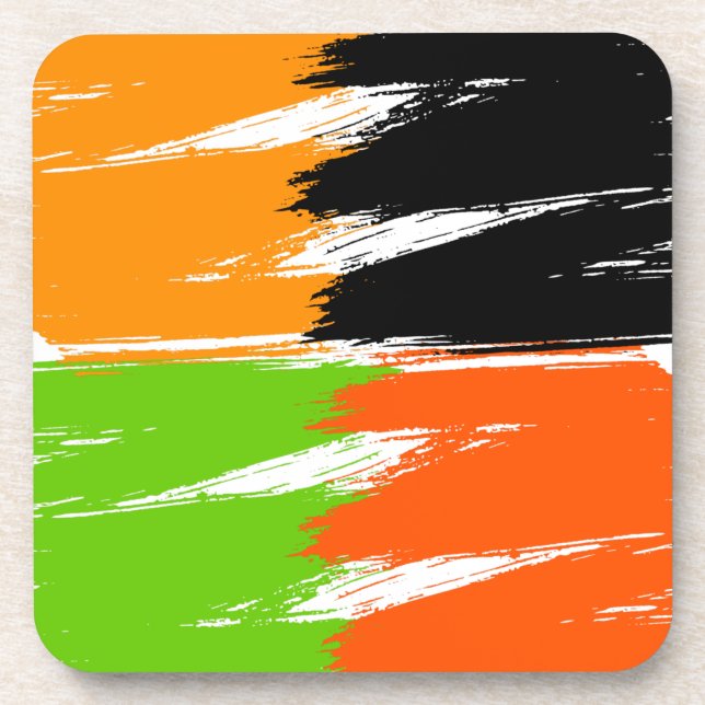 Orange Green Black White Brush Stroke Paint Coaster (Front)