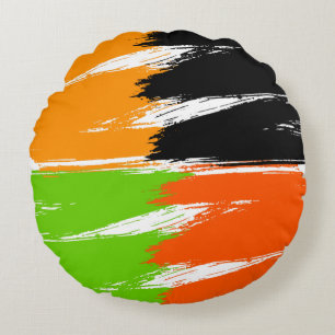 Orange Green Black White Brush Stroke Paint Round Cushion