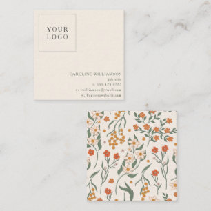 Orange Green Botanical Floral Minimalist Logo Fall Square Business Card