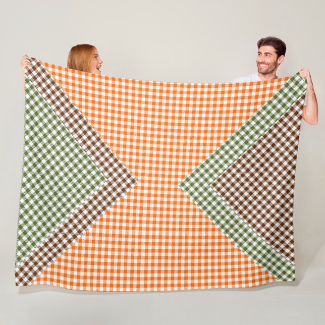 ORANGE GREEN & BROWN PLAID PATTERN FLEECE BLANKET (In Situ)