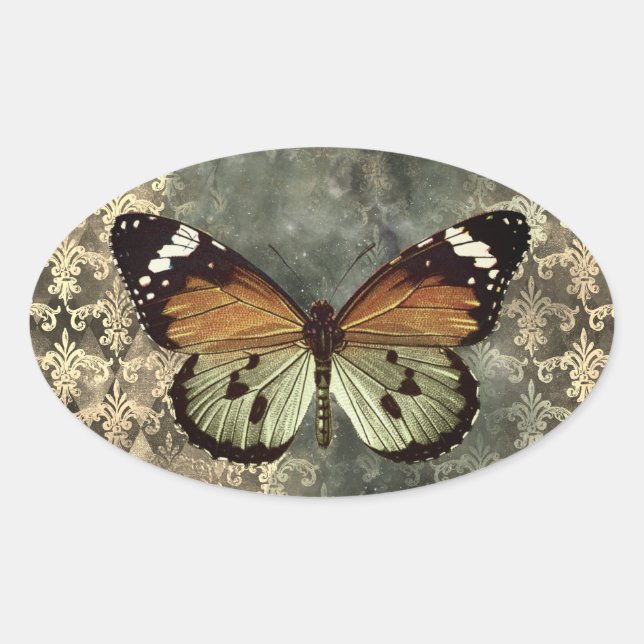 Orange & Green Butterfly Oval Sticker (Front)