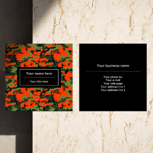 Orange Green Camouflage, Military, Army Square Business Card