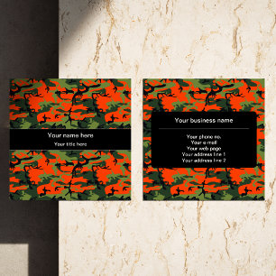 Orange Green Camouflage, Military, Army Square Business Card