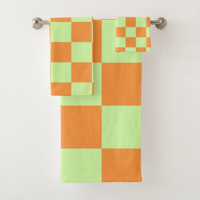 Orange Green Citrus Chequered Gingham Pattern Bath Towel Set (Insitu)