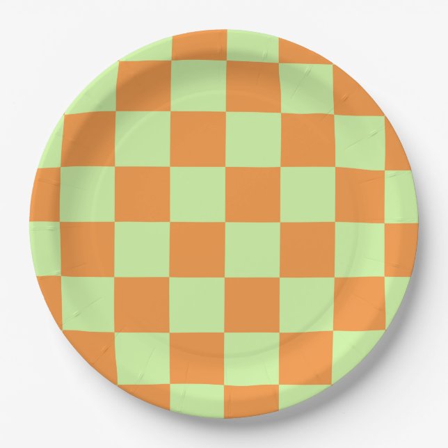 Orange Green Citrus Chequered Gingham Pattern Paper Plate (Front)